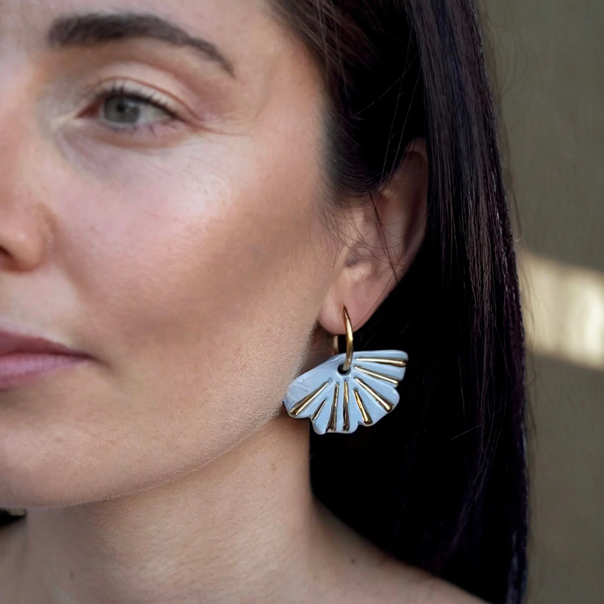 Selene | Handcrafted light blue ceramic dangle earrings with golden details - Image 2