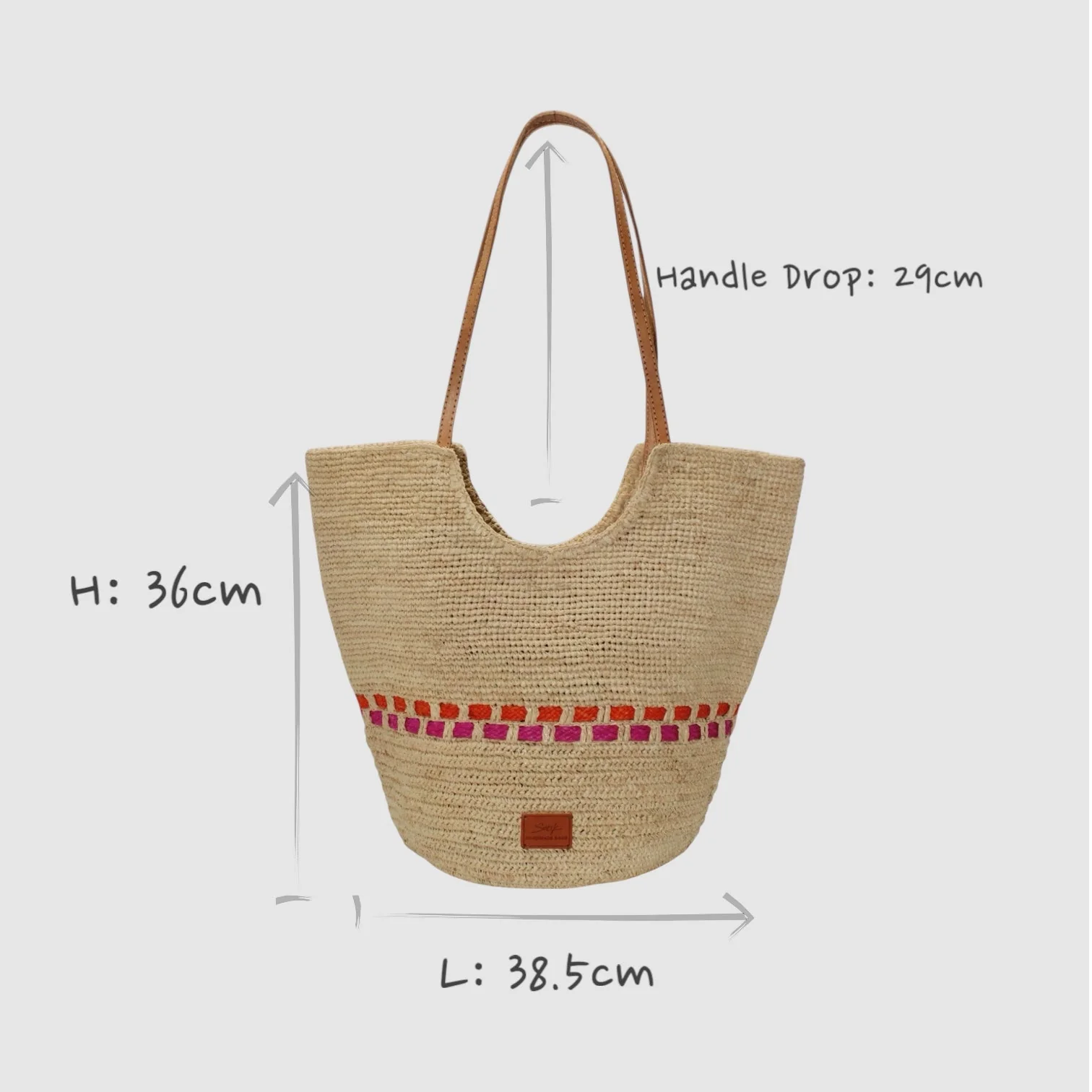 Zola - Handmade Natural Raffia Tote Bag - Fuchsia and Orange - Image 9